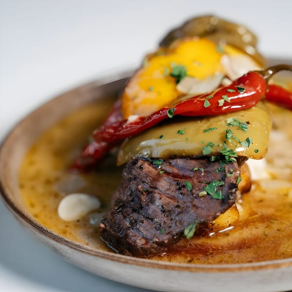 Braised short rib topped with colorful bell peppers, red chilies, and fresh parsley in a rich sauce.