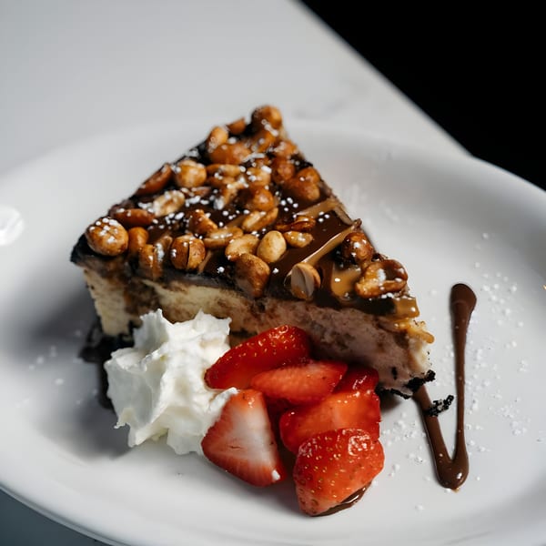 A slice of cheesecake topped with chocolate, peanuts, whipped cream, and fresh strawberries.