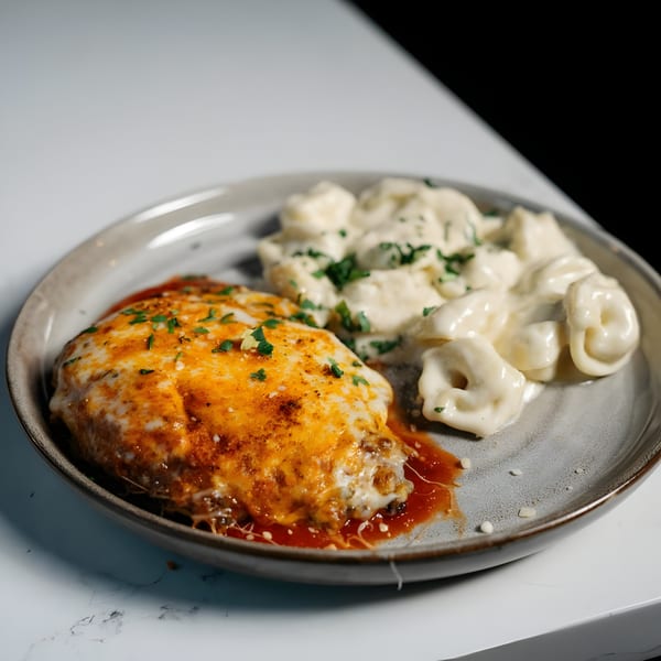Viaggio Restaurant's chicken parmesan with melted cheese and a side of tortellini pasta.