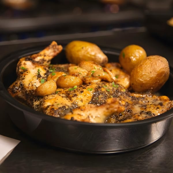 Roasted chicken with garlic cloves and small potatoes in a black dish at Viaggio Restaurant.