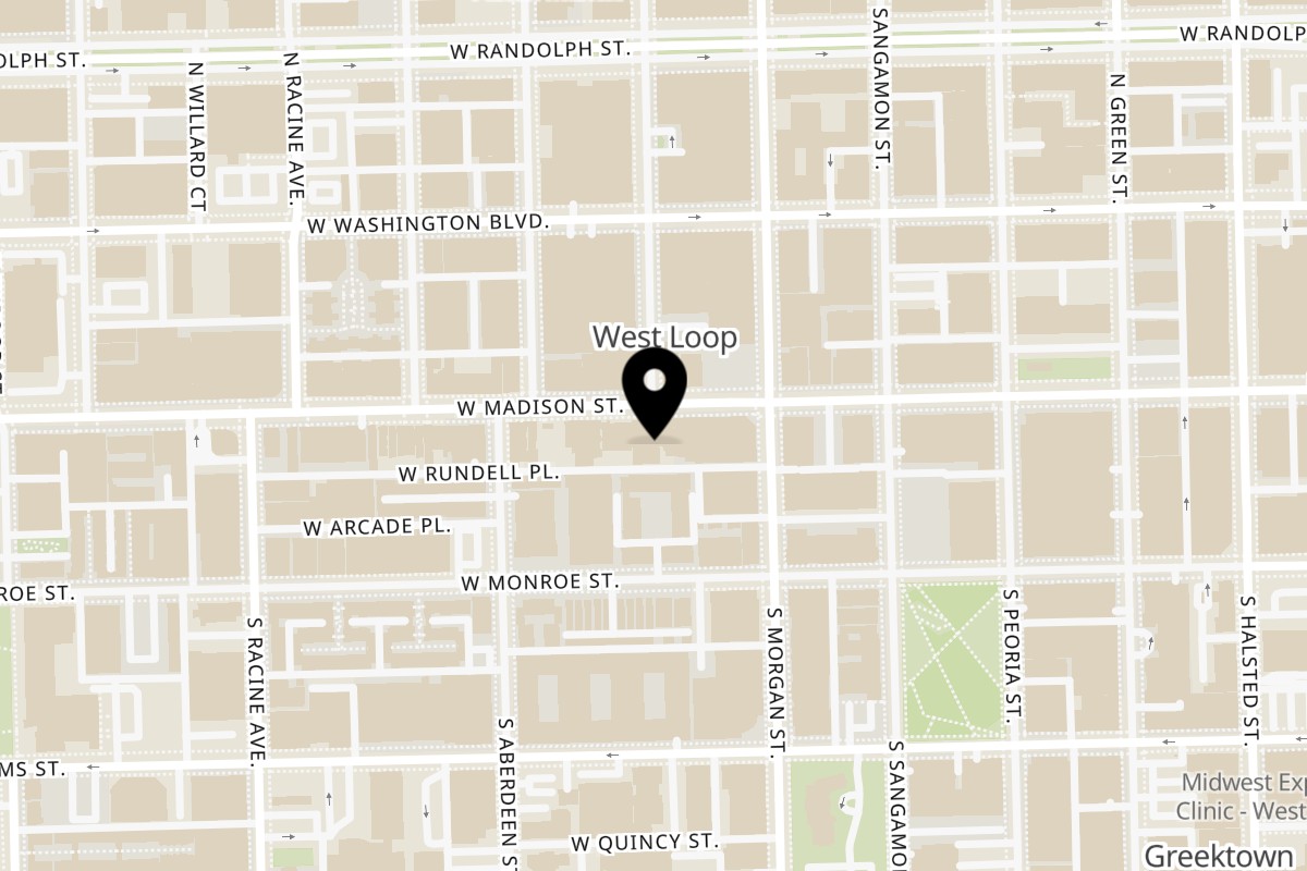 Map showing the location of Viaggio Restaurant Chicago on 1027 W Madison St in Chicago